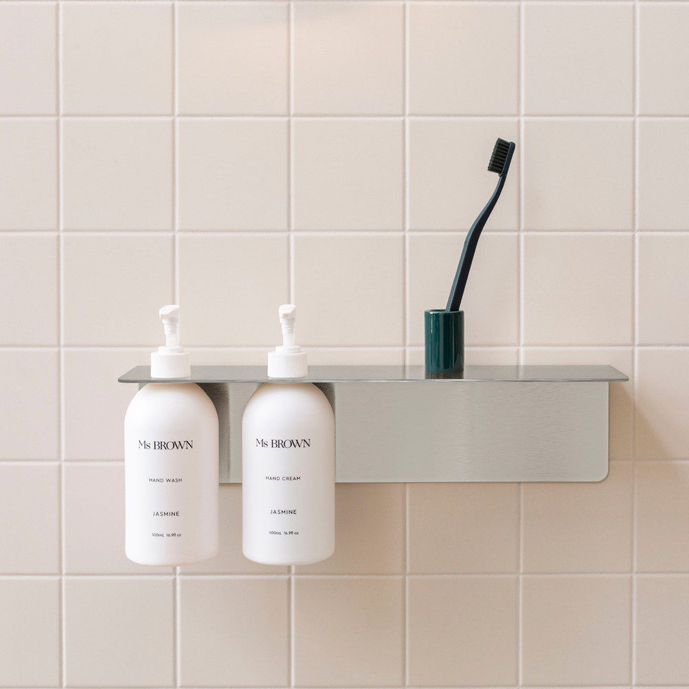 DESIGNSTUFF Shelf w/ Dual Soap Dispenser Holder, L40 cm, Brushed Steel