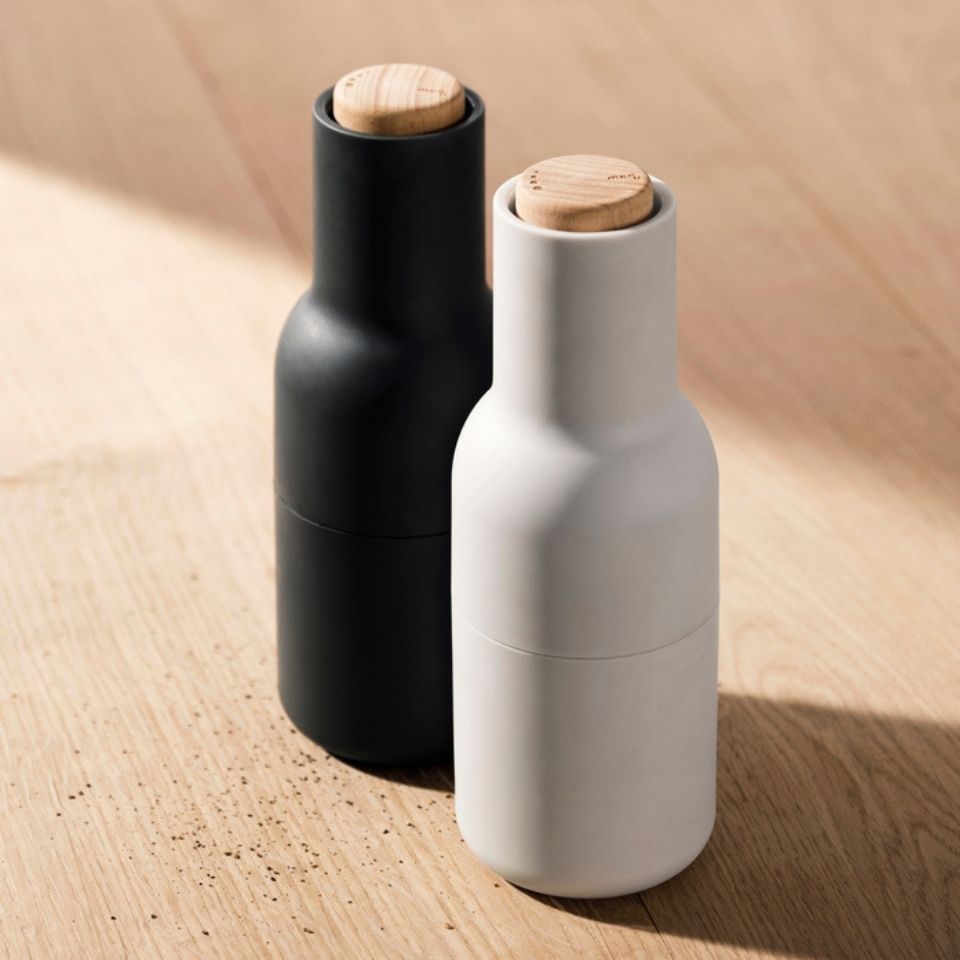 AUDO CPH Salt and Pepper Bottle Ceramic Grinders Set, Ash/Carbon w/ Beech Lid