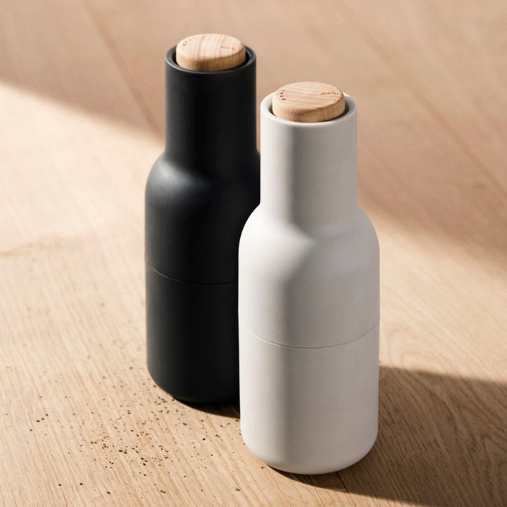 AUDO CPH Salt and Pepper Bottle Ceramic Grinders Set, Ash/Carbon w/ Beech Lid