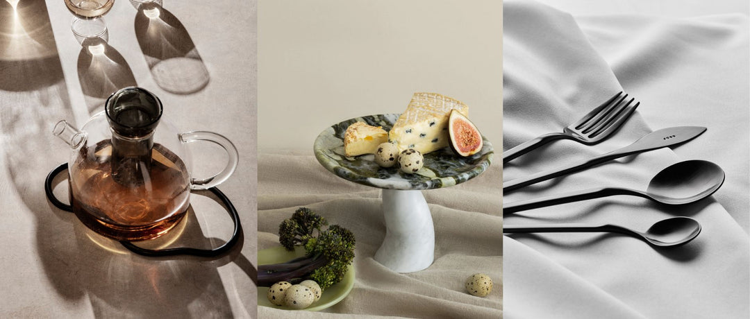 Collage banner featuring three products perfect for Mother's Day. The collage features the Still Teapot by ferm living, the Mushroom Tray by Black Blaze, and matte black cutlery by Krof.