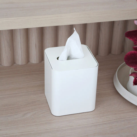 DESIGNSTUFF Square Tissue Box w/ Metal lid, White/White