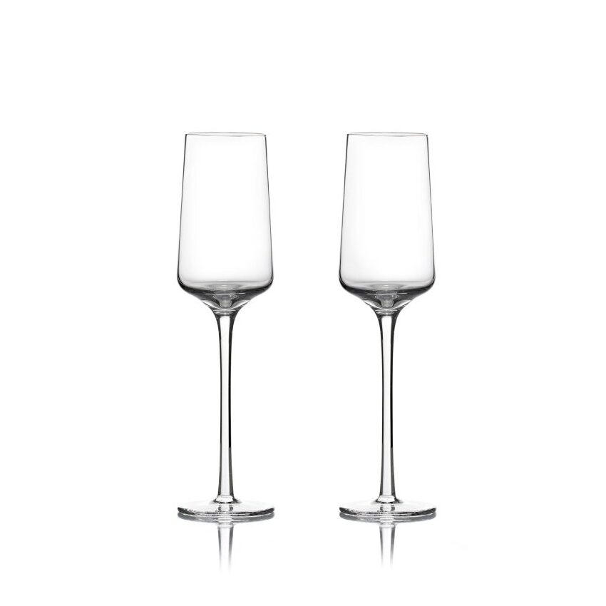 White background, studio image, perspective view of two champagne glasses.