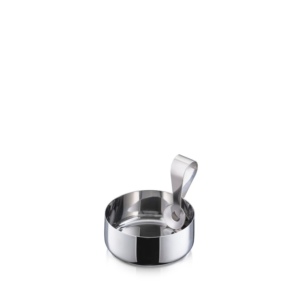 White background, studio shot, isometric view of a polished, silver delicacy bowl