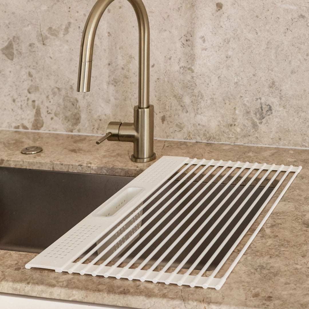 DESIGNSTUFF DRIP Folding Dish Rack w/ Cutlery Holder, Sand