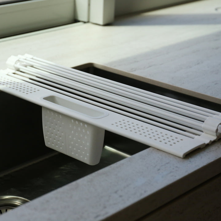 DESIGNSTUFF DRIP Folding Dish Rack w/ Cutlery Holder, White