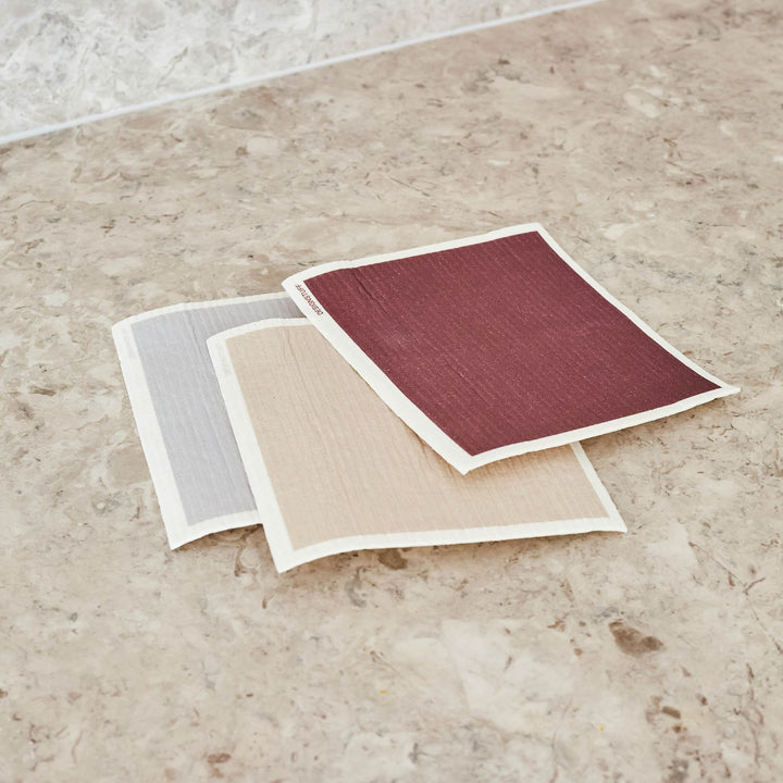 DESIGNSTUFF ETTA Compostable Dishcloth, Burgundy/Sand/Light Grey (Set of 3)