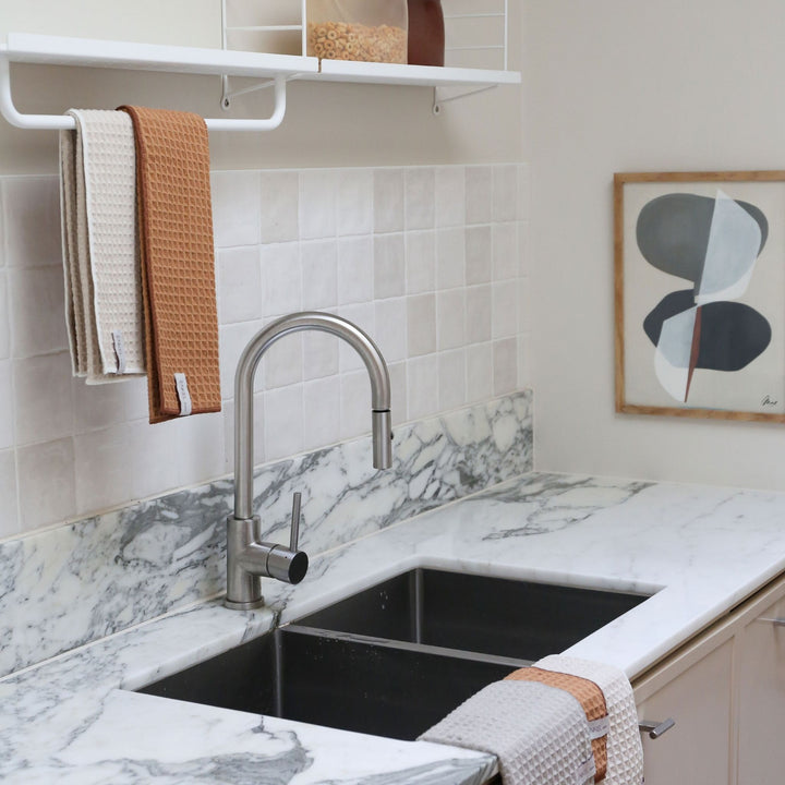 ENKEL STUDIO Dry Tea Towels, Waffle Microfibre, Sand/Caramel (Set of 2)