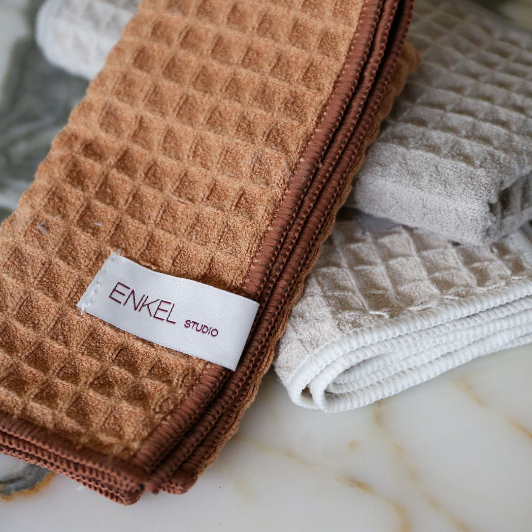 ENKEL STUDIO Wipe Dishcloth, Waffle Microfibre, Sand/Caramel/Light Grey (Set of 3)