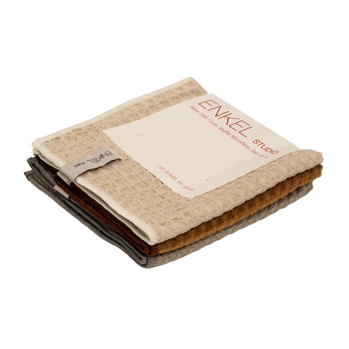 ENKEL STUDIO Wipe Dishcloth, Waffle Microfibre, Sand/Caramel/Light Grey (Set of 3)