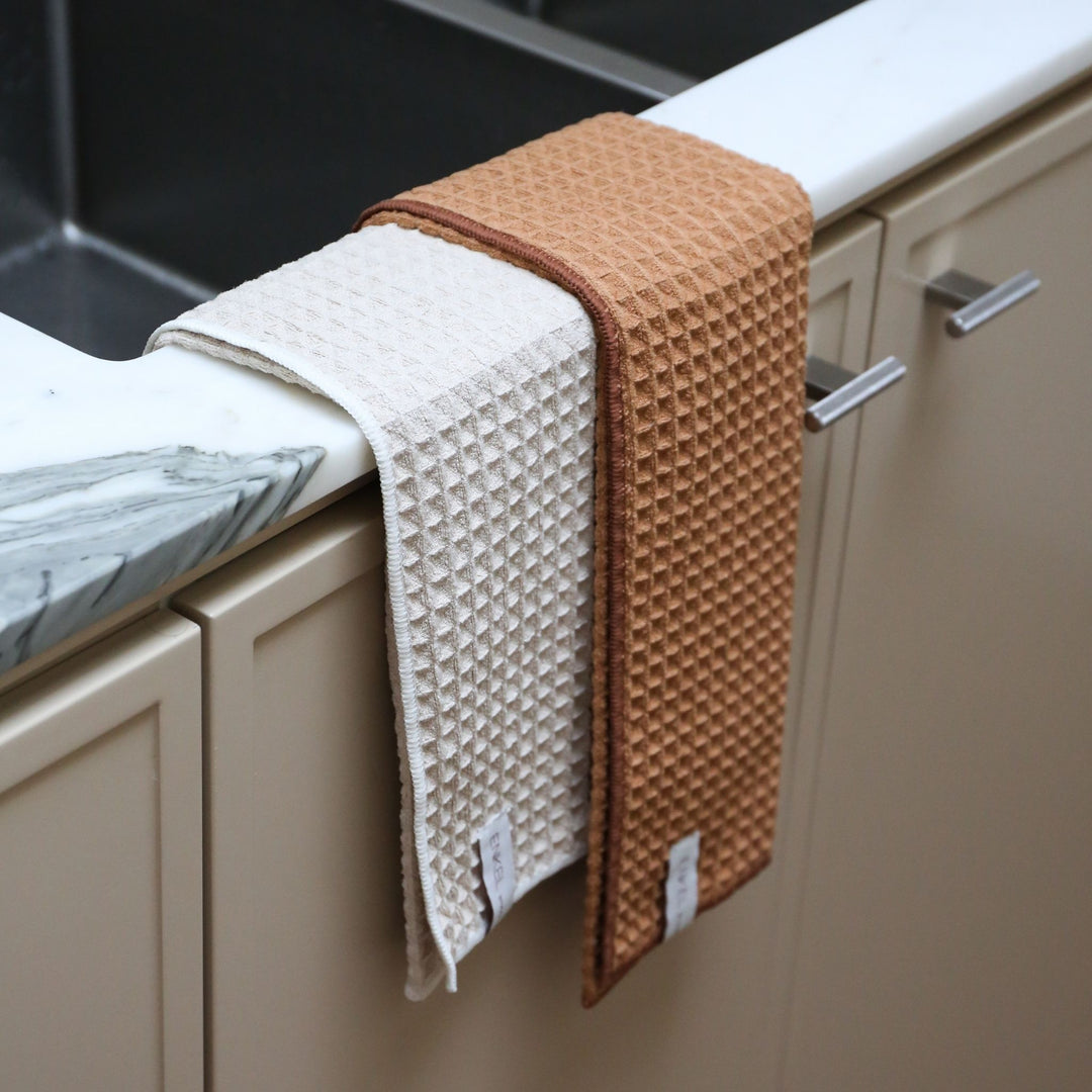 ENKEL STUDIO Dry Tea Towels, Waffle Microfibre, Sand/Caramel (Set of 2)