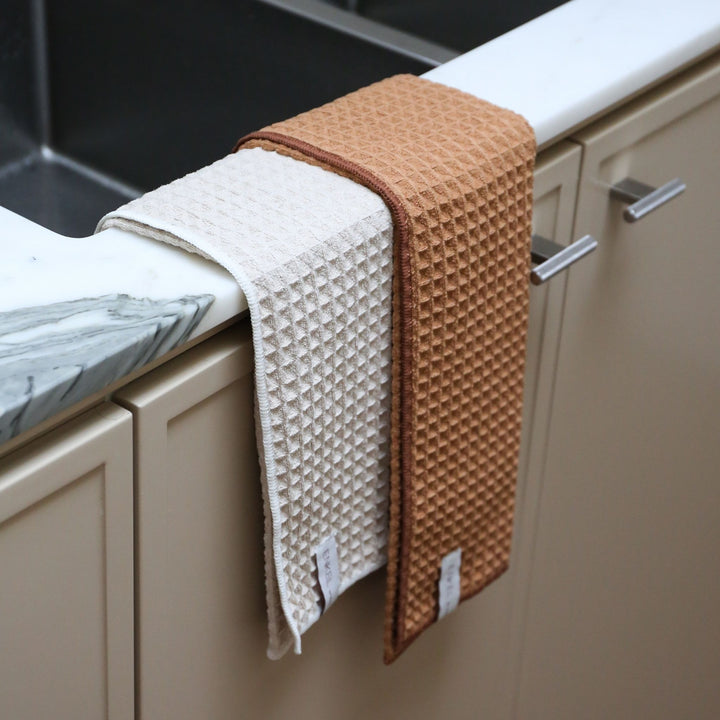 ENKEL STUDIO Dry Tea Towels, Waffle Microfibre, Sand/Caramel (Set of 2)