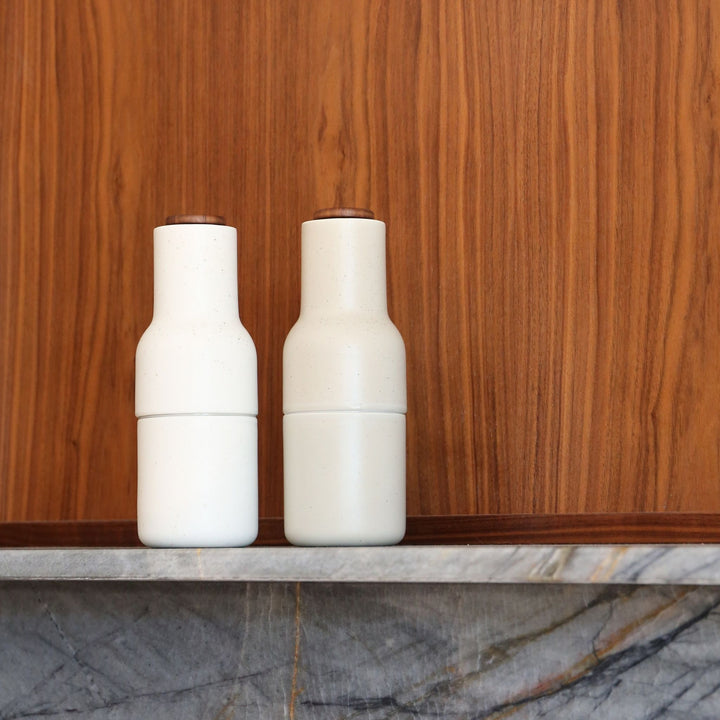 AUDO CPH Salt and Pepper Bottle Ceramic Grinders Set, Sand w/ Walnut Lid