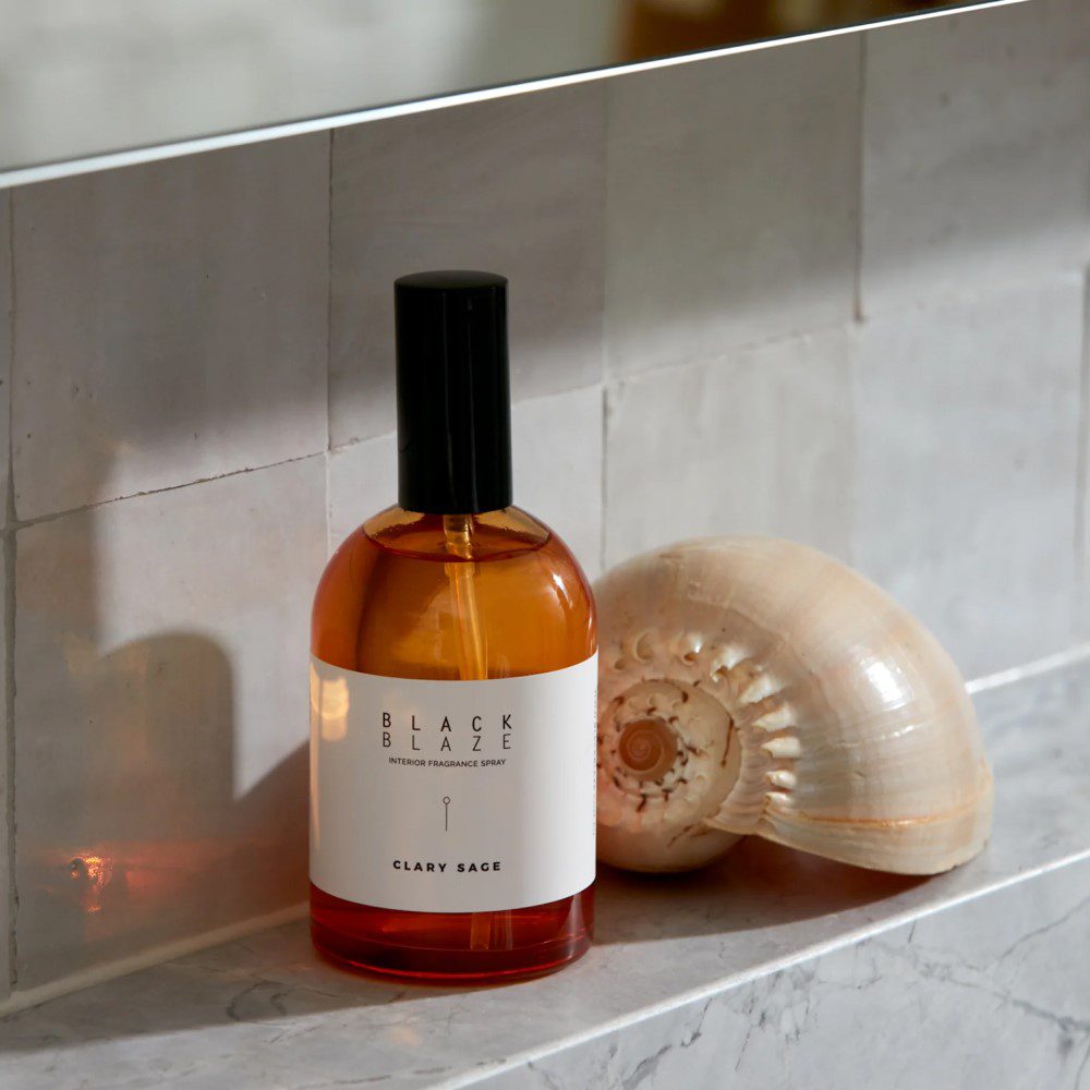 A cylinder-shaped spray bottle placed below a bathroom mirror, standing next to an empty nautilus shell.