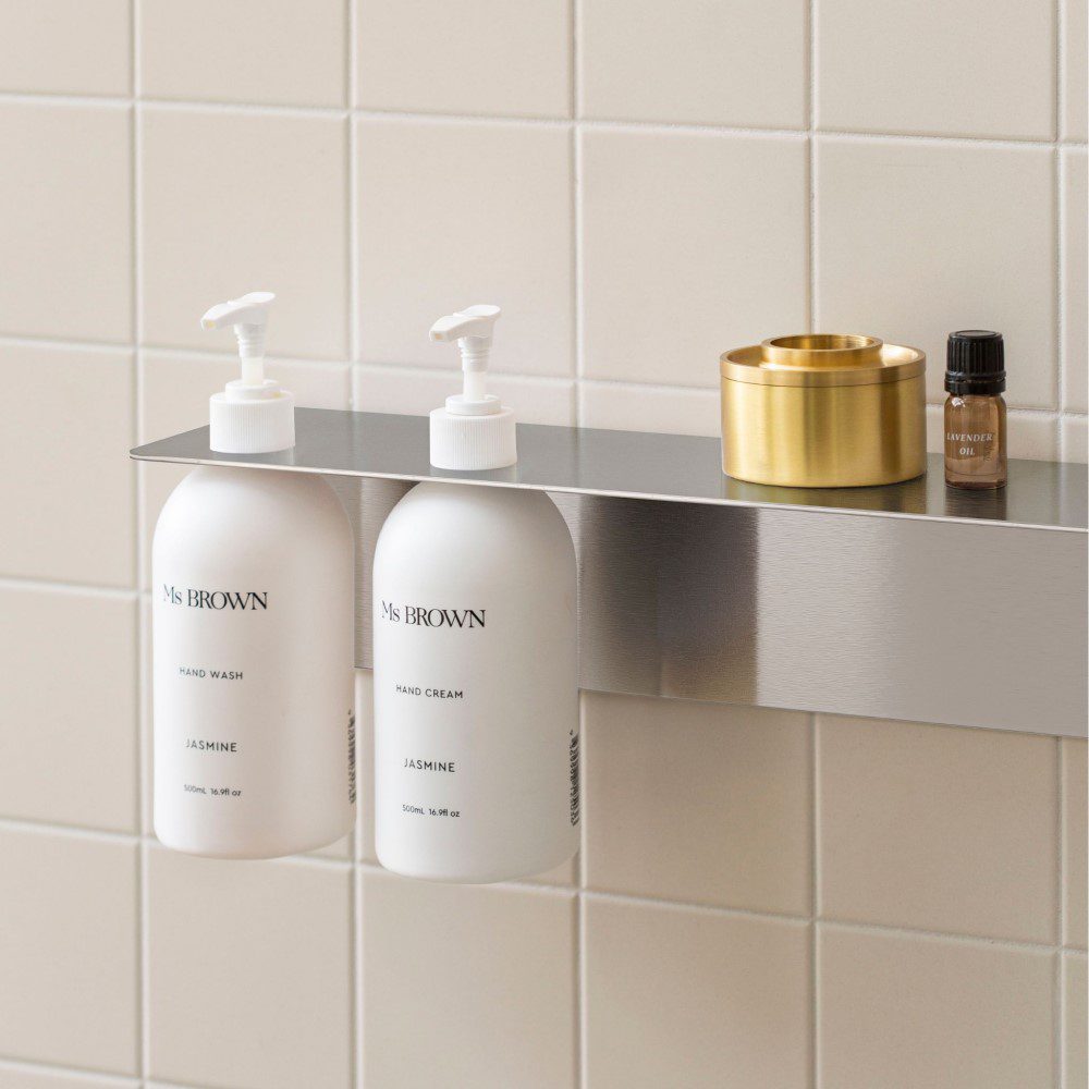 DESIGNSTUFF Shelf Dual Soap Dispenser Holder, Brushed Steel