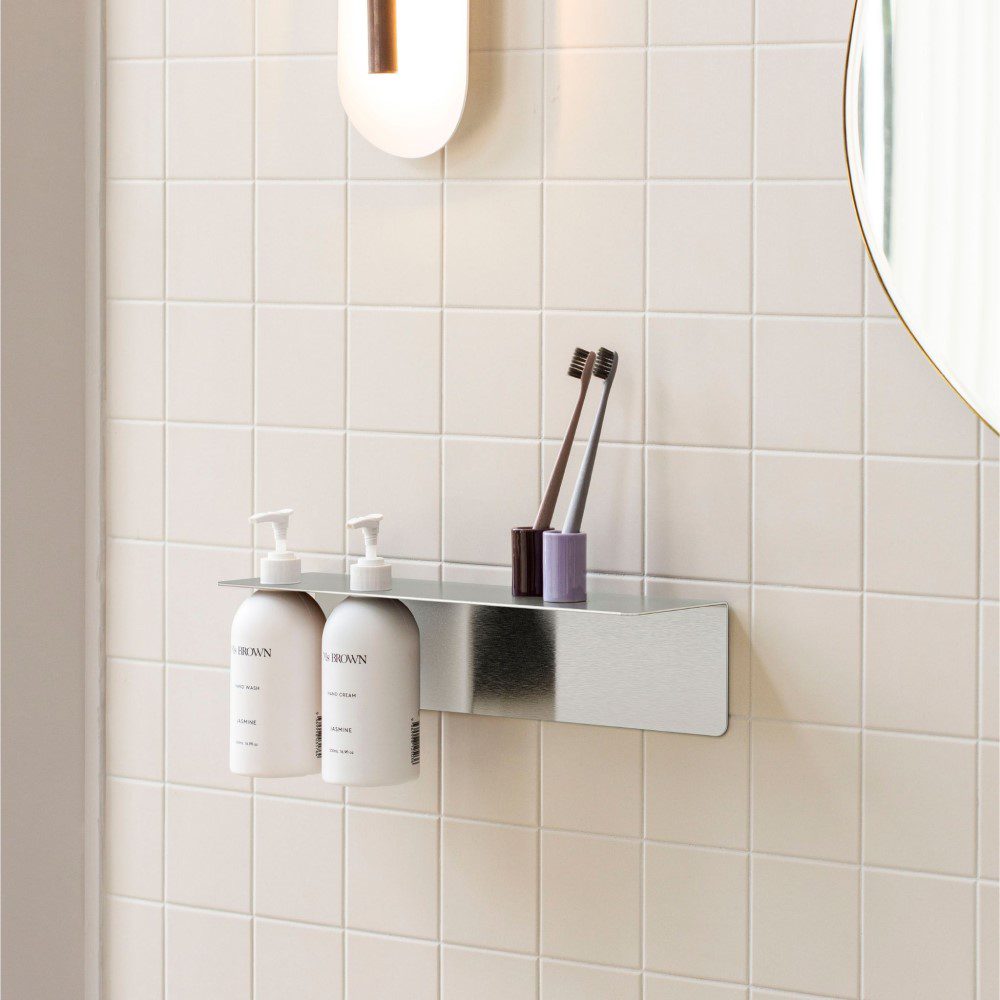 DESIGNSTUFF Shelf Dual Soap Dispenser Holder, Brushed Steel