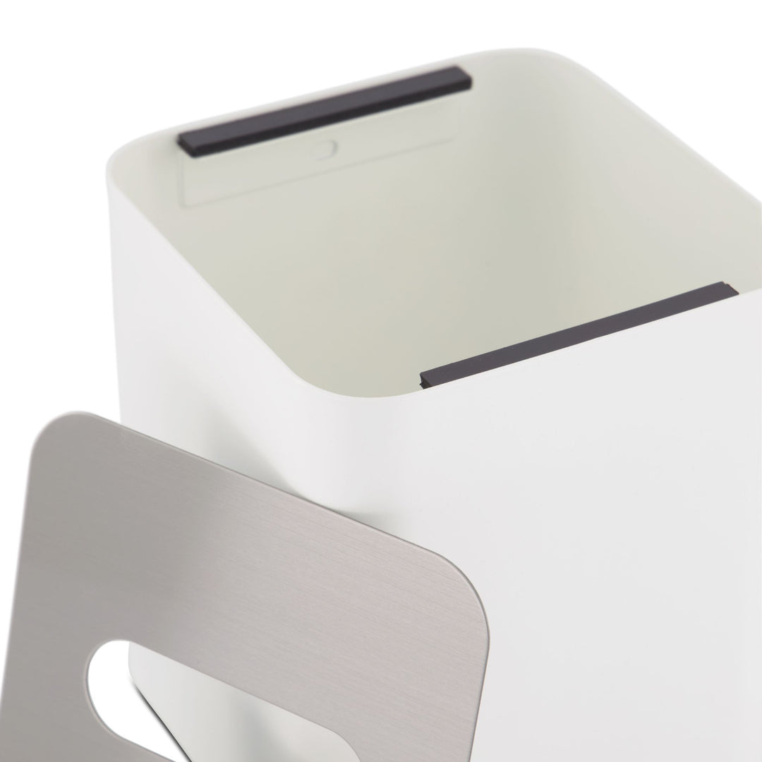 DESIGNSTUFF Square Tissue Box w/ Metal Lid, White/Brushed Steel