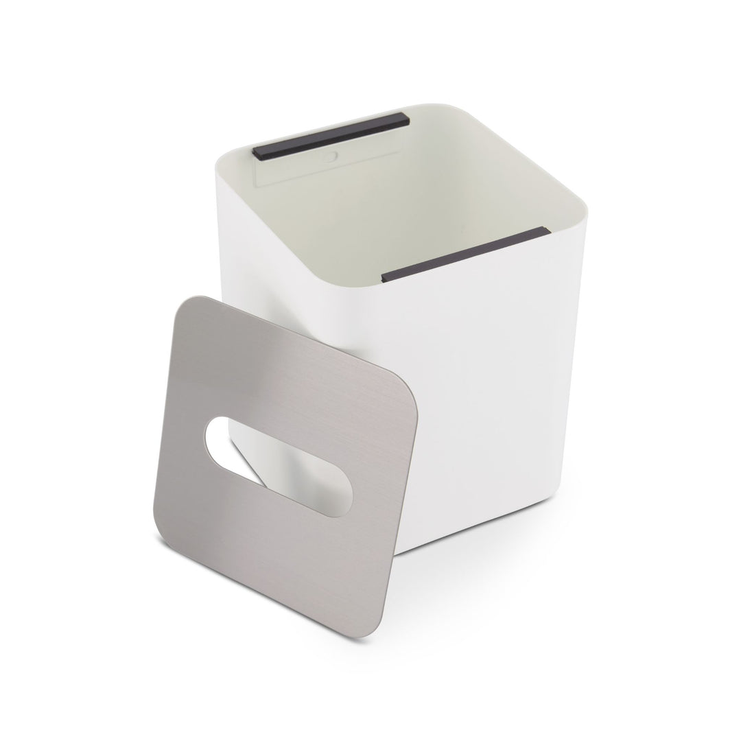 DESIGNSTUFF Square Tissue Box w/ Metal Lid, White/Brushed Steel