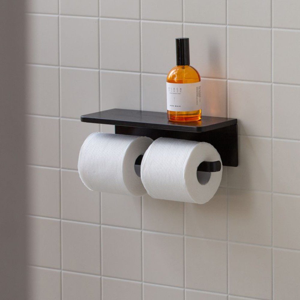 DESIGNSTUFF Toilet Roll Holder w/Shelf Dual, Black