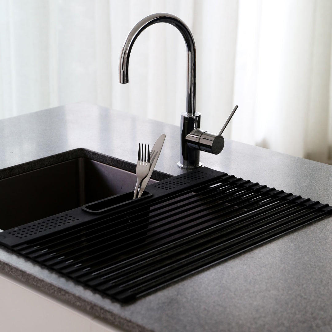 DESIGNSTUFF Folding Dish Rack w/ Cutlery Holder, Black