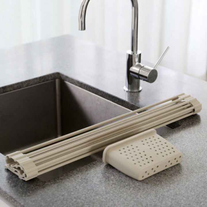 DESIGNSTUFF Folding Dish Rack w/ Cutlery Holder, Sand