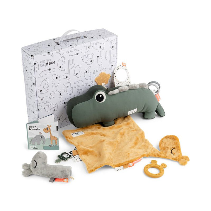 Play Time goodie box is a perfect nursery gift includes a Croco Tummy time activity toy, a Comfort blanket with Raffi, a Silicone teether and a Squeeker rattle with Raffi.