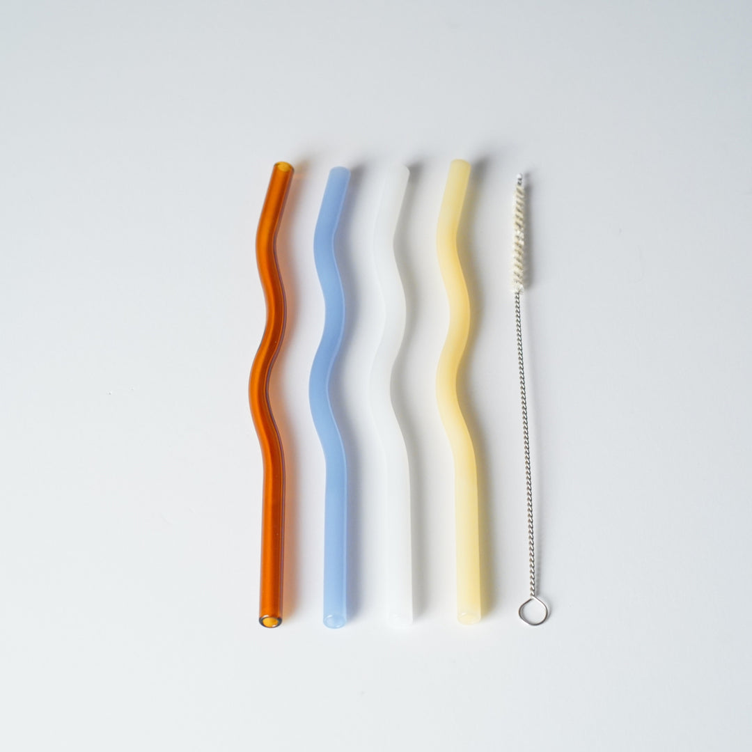 DESIGNSTUFF Curve Glass Straw, Set of 4, Mixed Mist/Lemon/White/Cinnamon