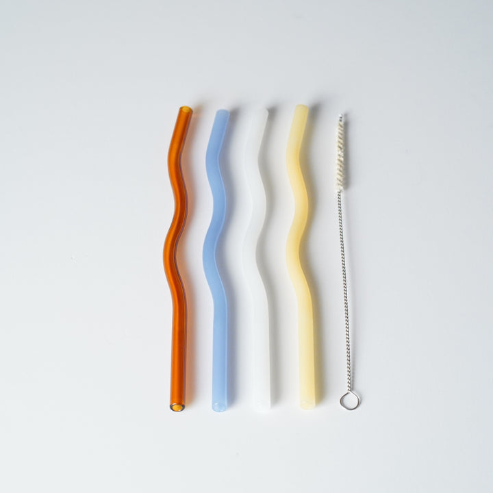 DESIGNSTUFF Curve Glass Straw, Set of 4, Mixed Mist/Lemon/White/Cinnamon