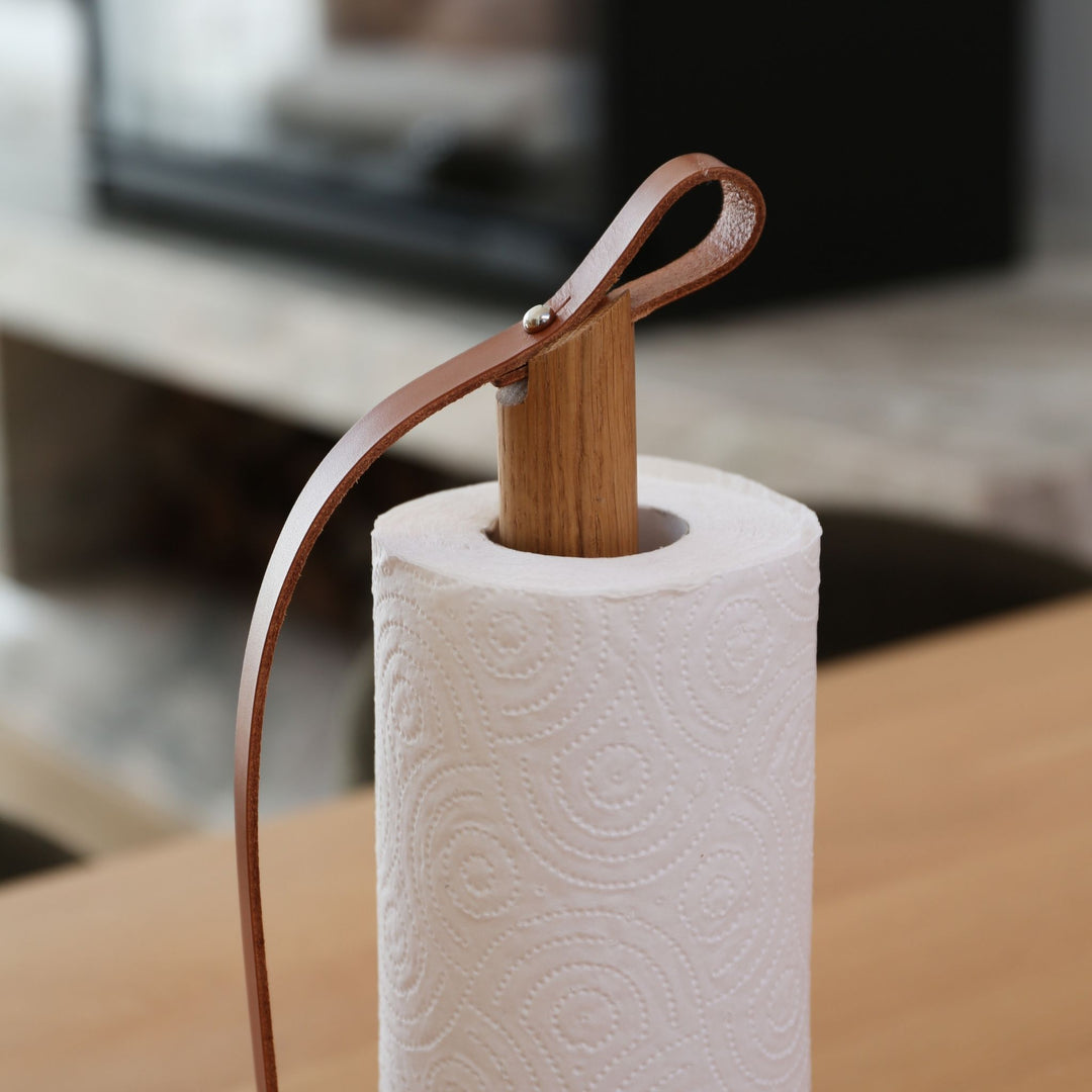 EKTA LIVING Hands On Paper Towel Holder, Smoked Oak/Leather