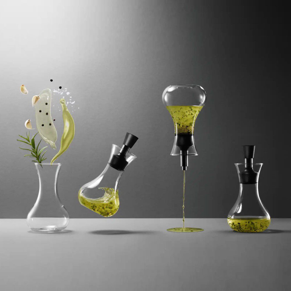 Dark background, studio lighting, perspective view of standing, flipped, and floating clear dressing shakers spouting liquid dressing in the air and on the ground.