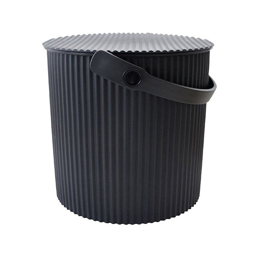 White background, studio lighting, perspective view of a medium black storage and garden bin with handle.