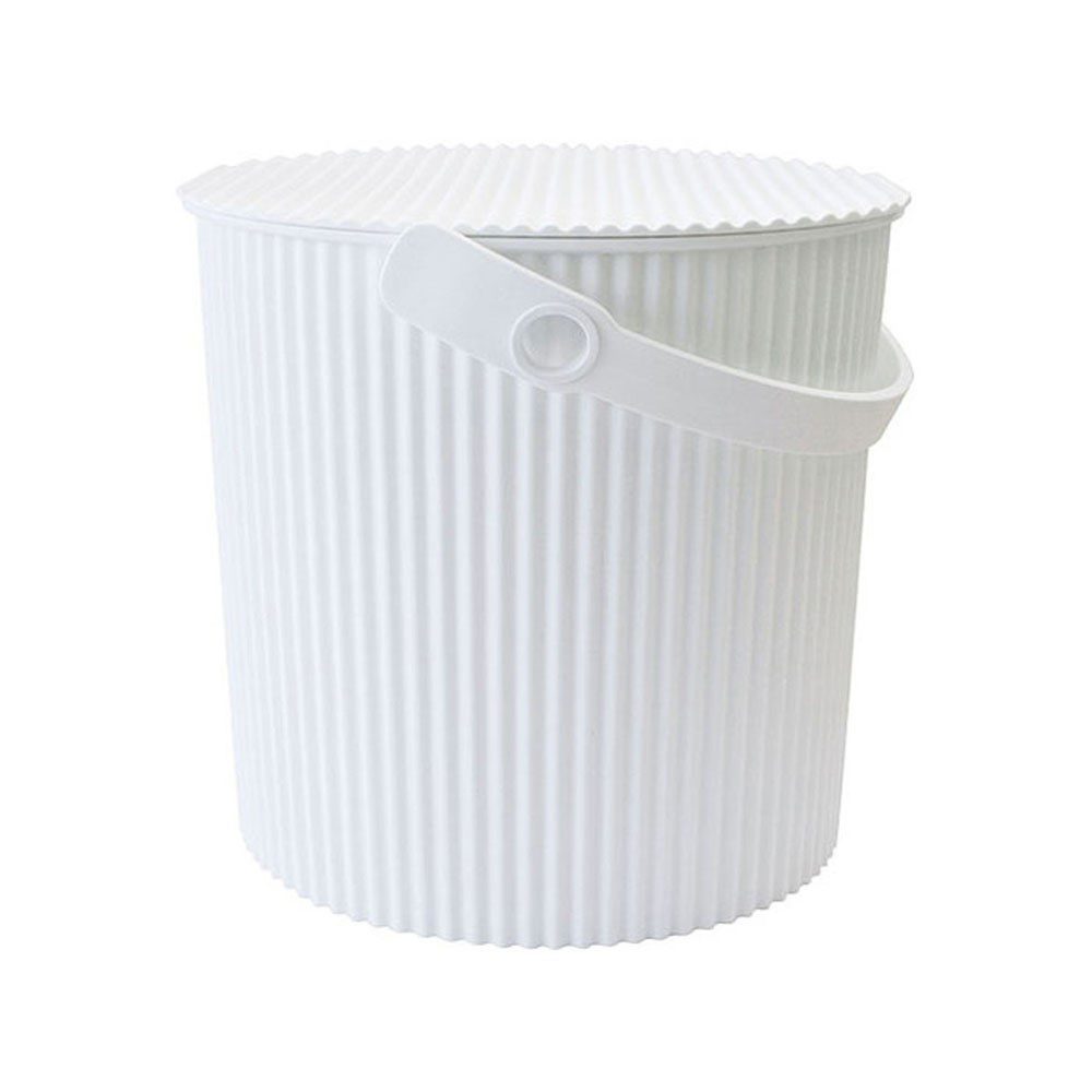 White background, studio lighting, perspective view of a large white storage and garden bin with handle.