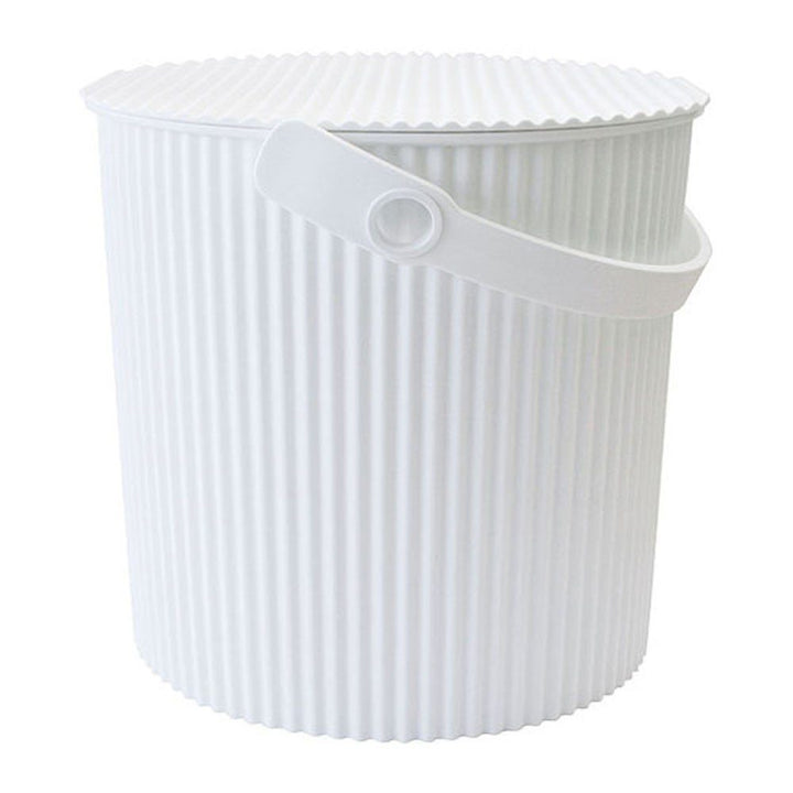 White background, studio lighting, perspective view of a large white storage and garden bin with handle.