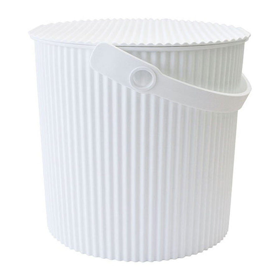 White background, studio lighting, perspective view of a large white storage and garden bin with handle.