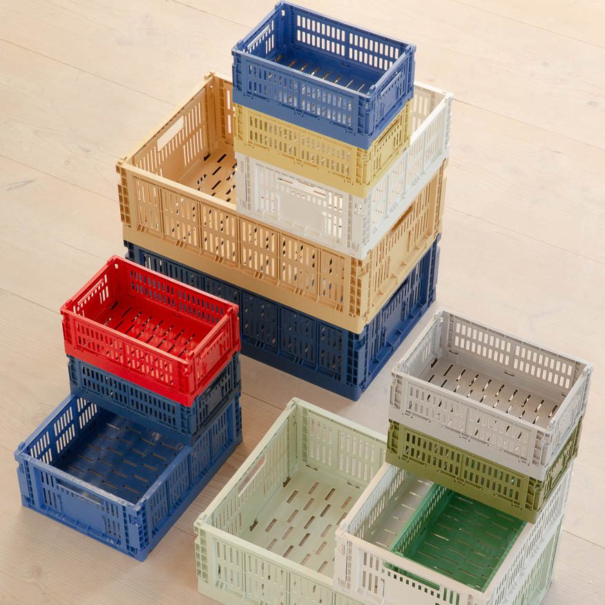 Stacks of colour crate storage box in multiple colours