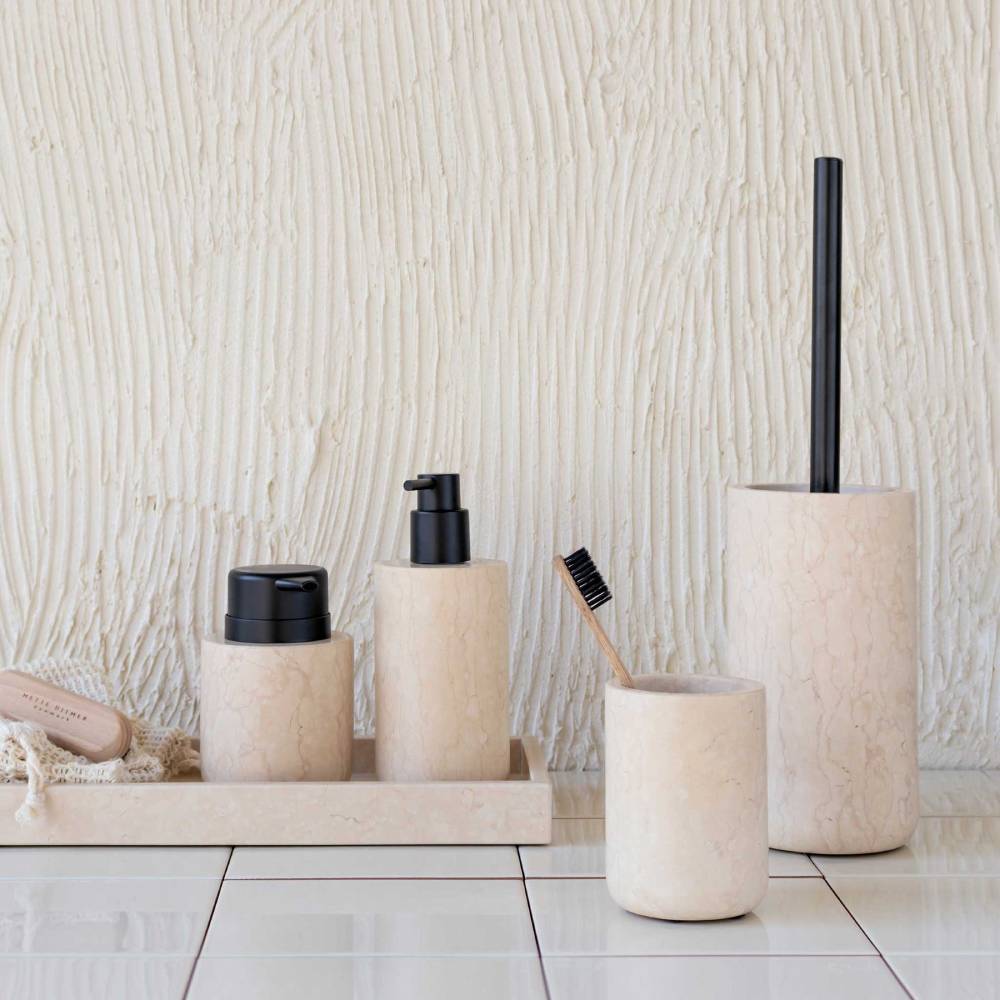 A set of bathroom essentials of Mette Ditmer Marble series, consists of toilet brush, toothbrush holder/tumbler, soap dispenser and decorative tray.