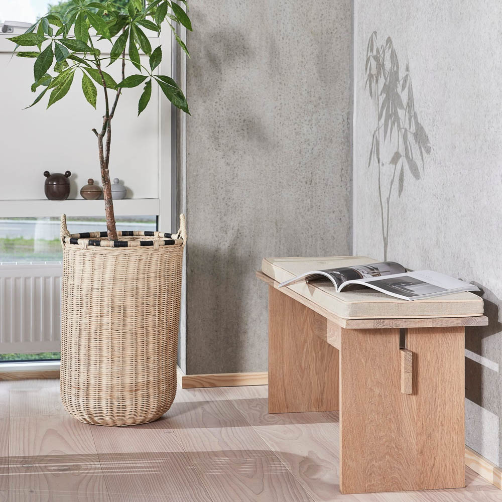 Asa bench cushion on Kotai bench by OYOY with a rattan large pot.