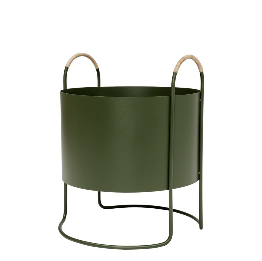 A packshot of Maki plant box low in olive made of iron with rattan handles.