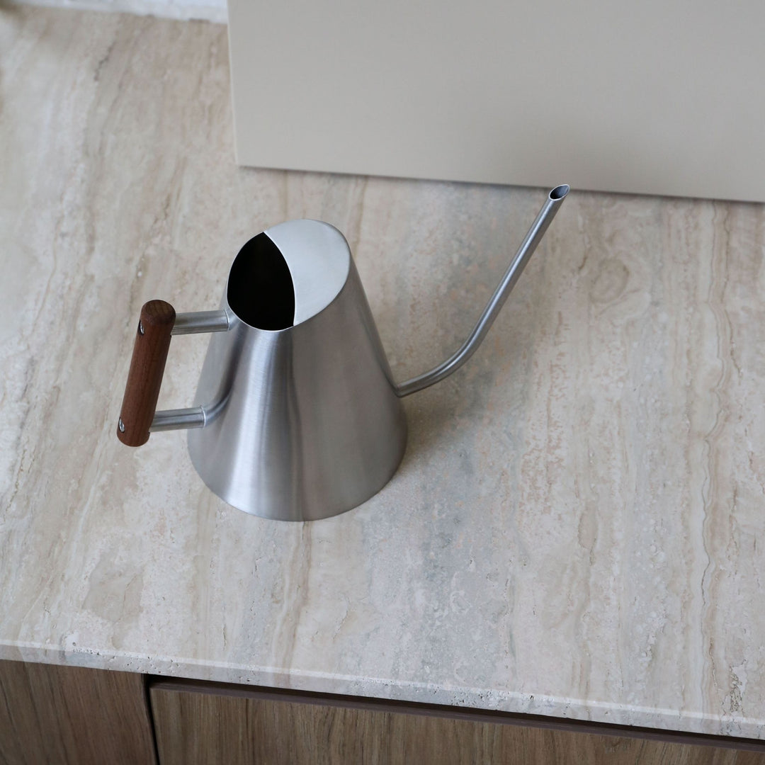 DESIGNSTUFF Watering Can 1.3L, Stainless Steel/Stained Wood Handle