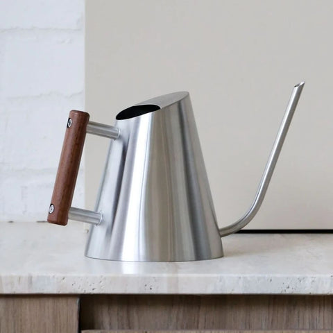 DESIGNSTUFF Watering Can 1.3L, Stainless Steel/Stained Wood Handle