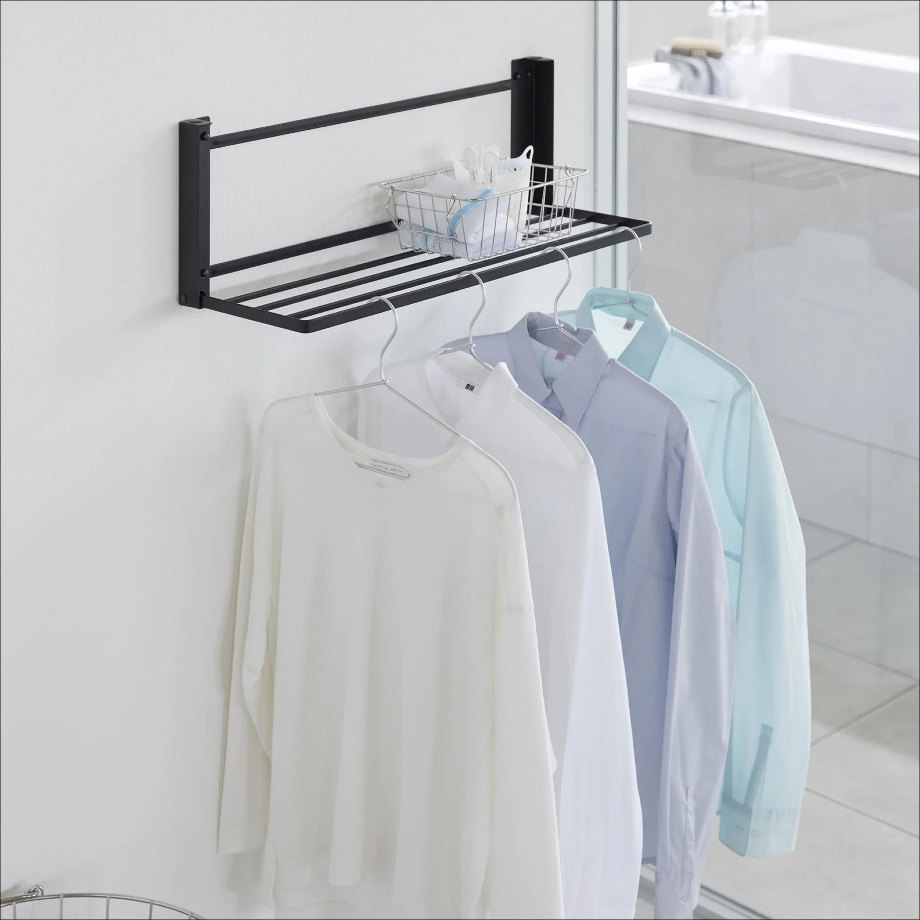 YAMAZAKI Tower Wall-Mounted Folding Clothes Drying Rack, Black