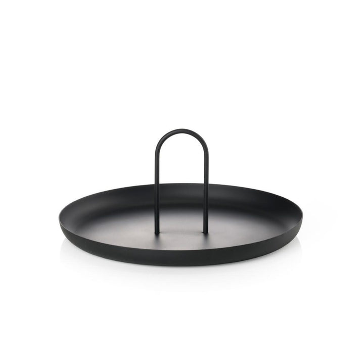 Studio lighting, white background, perspective view of a black circular platter with an arc-shaped handle in the middle