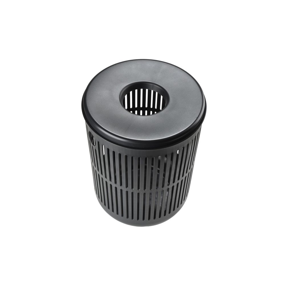 White background, studio image, isometric view of a black, cylindrical laundry basket with its cover attached.