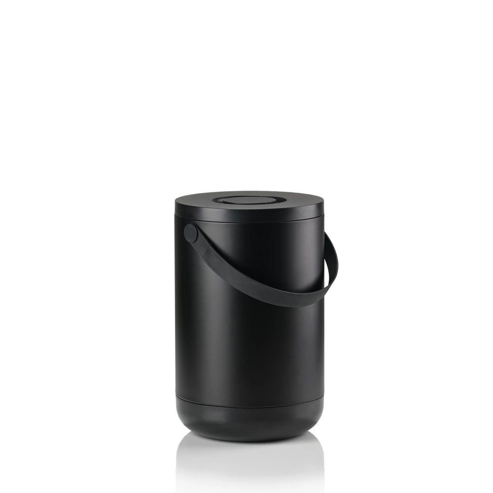 White background, studio image of a cylindrical trash bin with a pail-type handle.