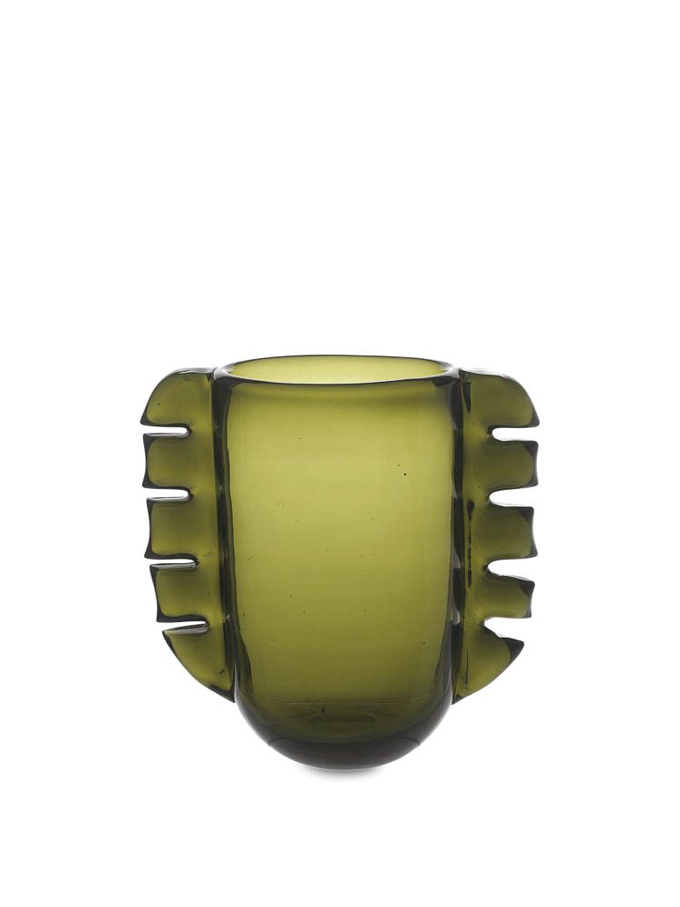 A packshot of hand-made Alas vase in moss green by ferm Living.