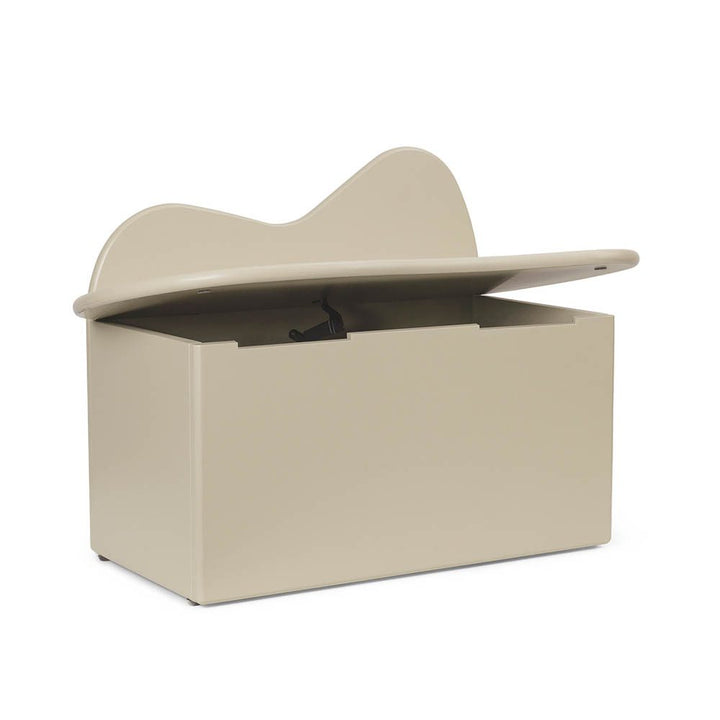 An organic shape kids storage bench in cashmere made from certified MDF.