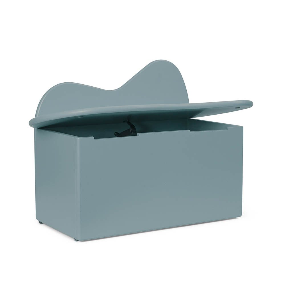 A packshot of an opened kids storage bench in soft blue colour, made from certified MDF.