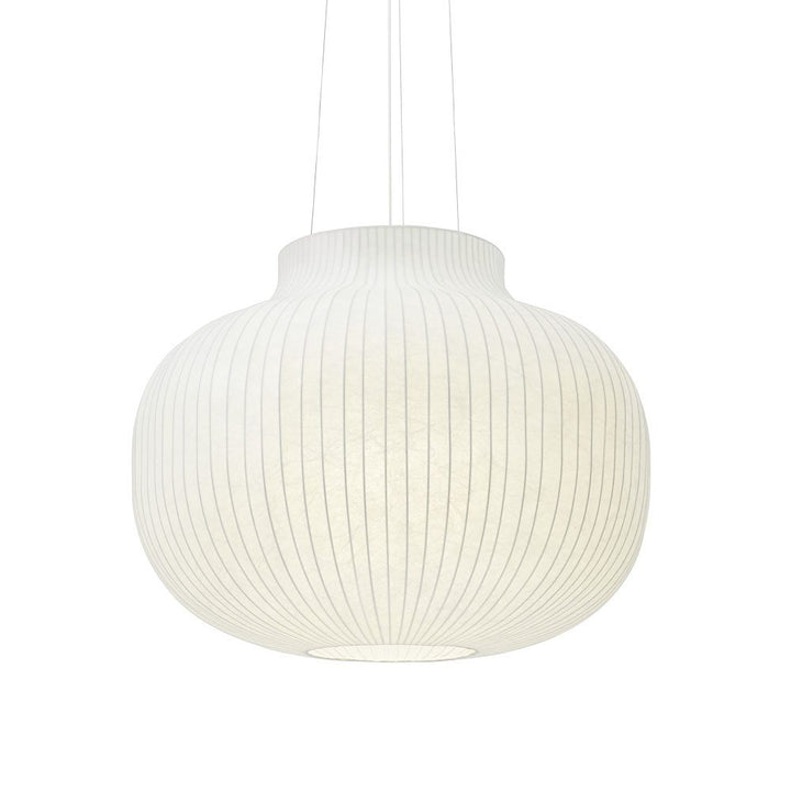 White MUUTO Strand Pendant Lamp hanging from the ceiling with a white background