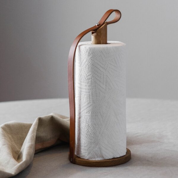 EKTA LIVING Hands On Paper Towel Holder, Oiled Oak/Leather